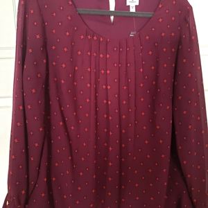 Burgundy with orange medallion detail blouse - 1X with gold 3 button on sleeves.